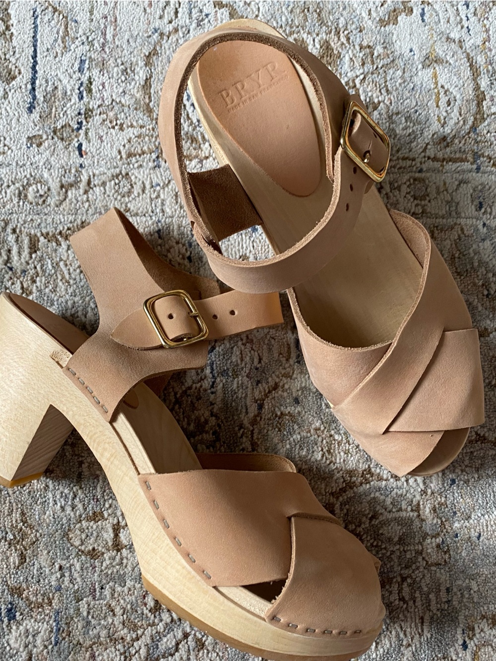 Bryr Nude/Tan Emma Cross Toe Leather Platform Sandals with Gold Buckle